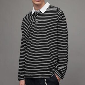 AllSaints Oversized Long Sleeve Polo Shirt, Black and White Stripe, Size XL